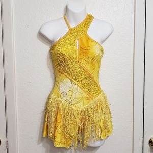 "A Wish Come True" Yellow Sequin Fringe One-Piece Dance Costume Dress
